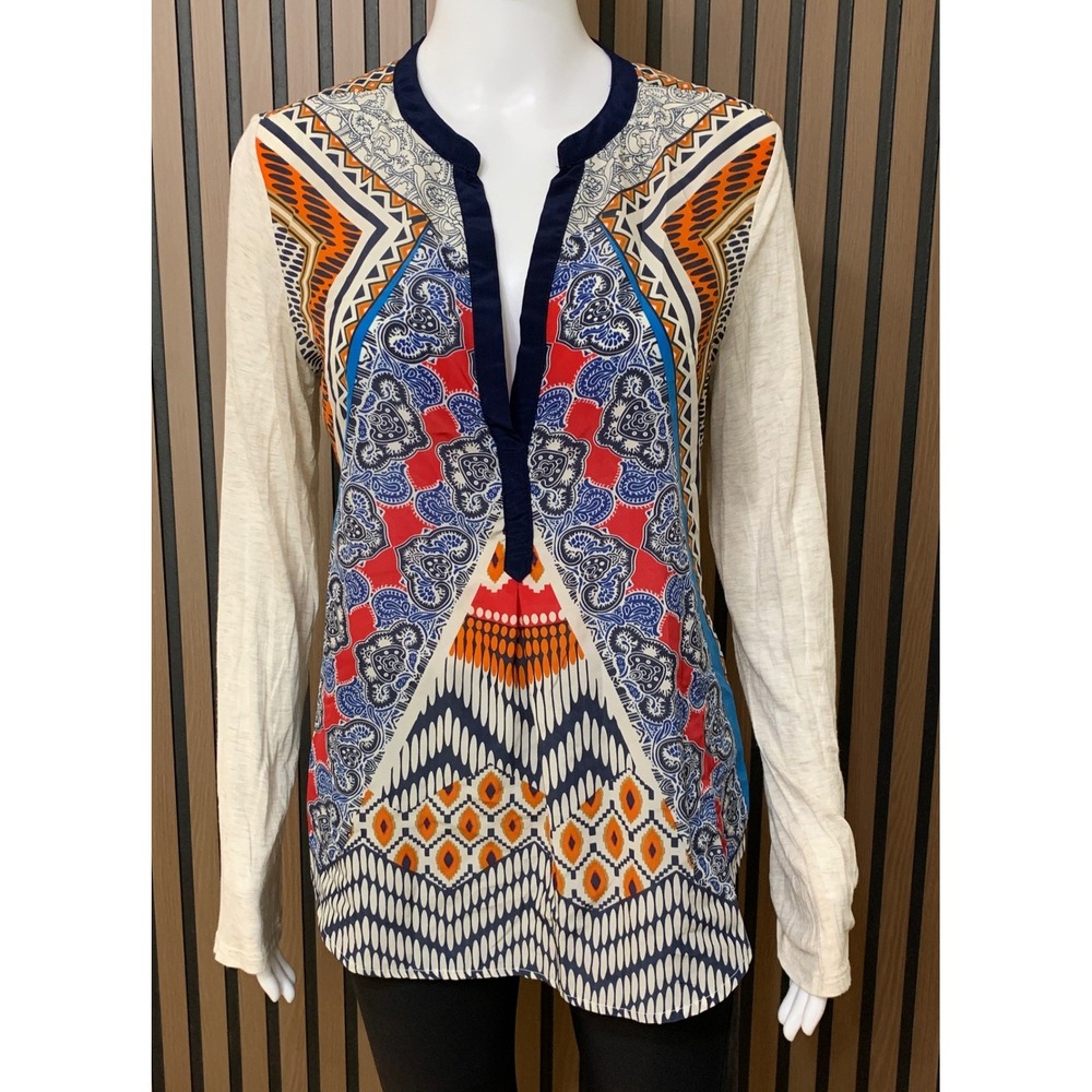 Anthropologie Tiny Mixed Print Split Neck Long Sleeve Top Geometric Boho M